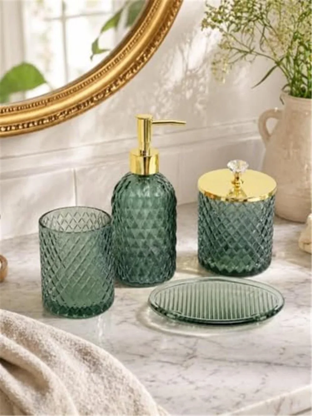 Glass Bathroom Accessories Set, Sage Green Bathroom Set, 4 Pcs